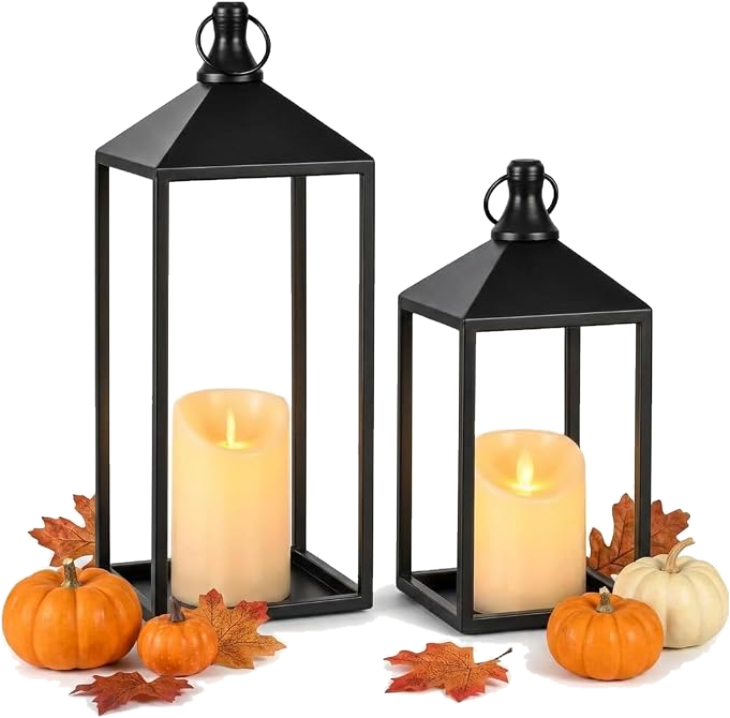 Pair of black metal lanterns with flameless LED candles