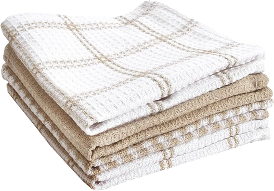 Stack of white and tan waffle-weave dish towels
