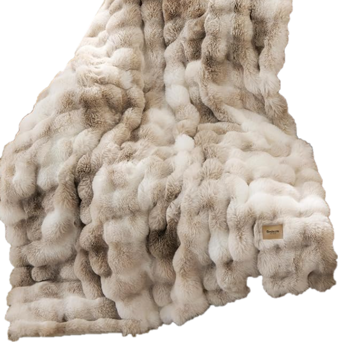 Fluffy faux fur throw blanket in cream and taupe