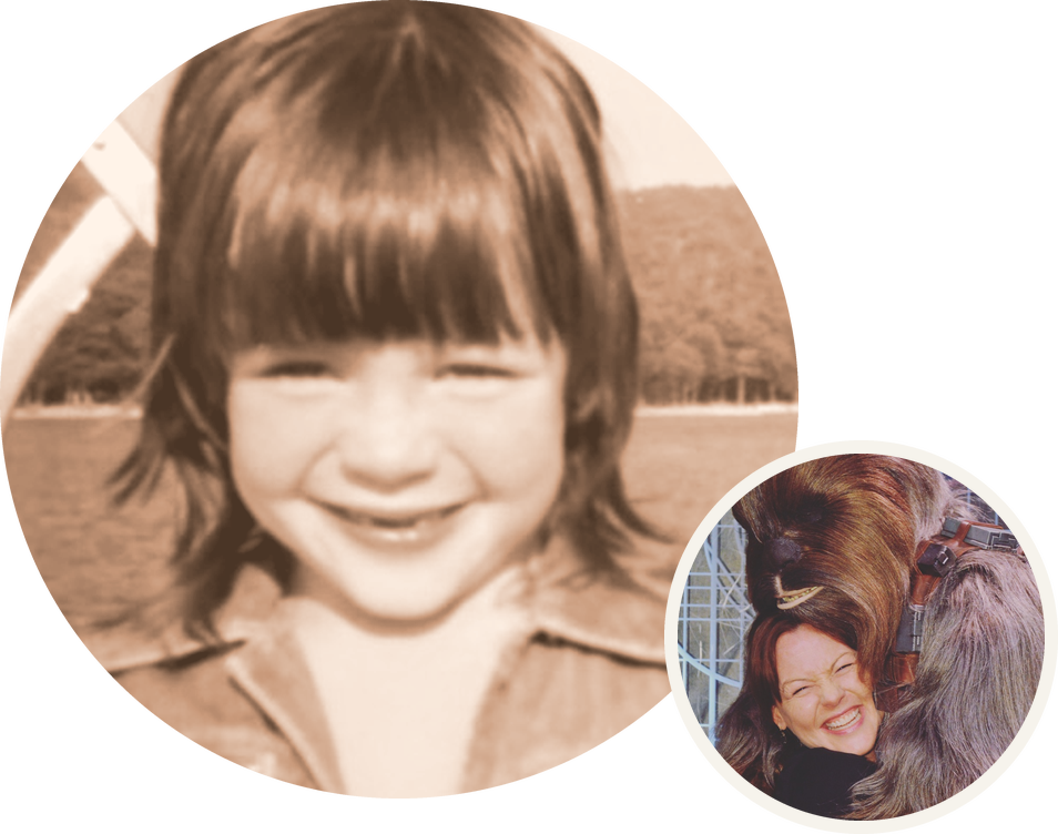 Anne as a child on a boat, and Anne with Chewbacca