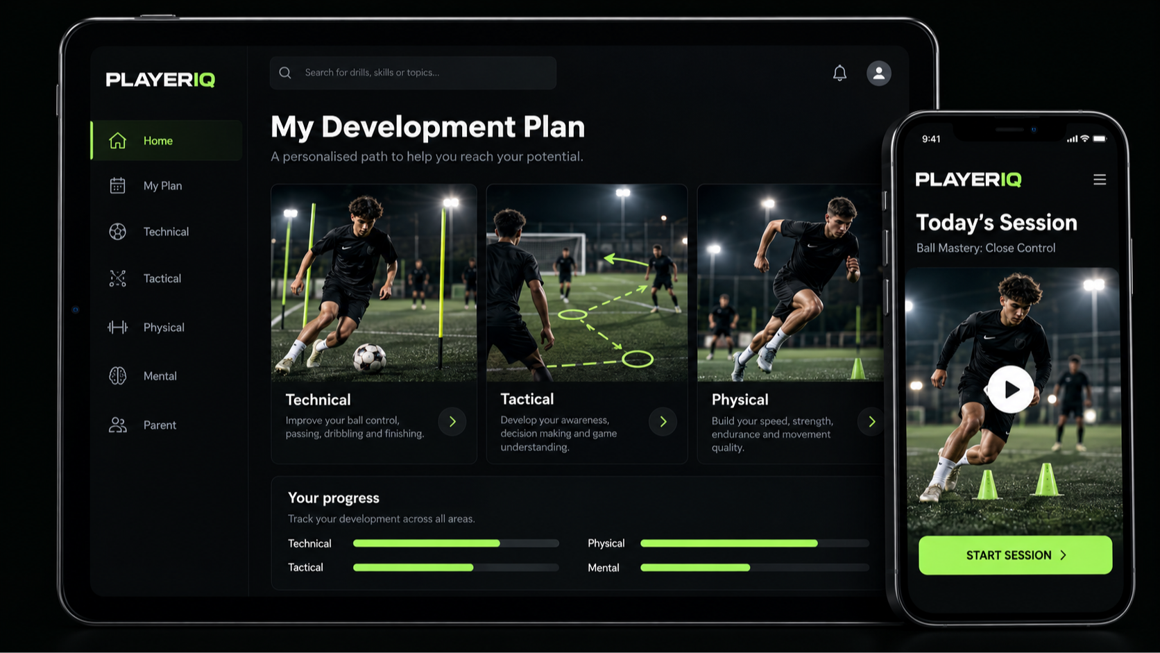 PlayerIQ platform concept shown on a tablet and phone