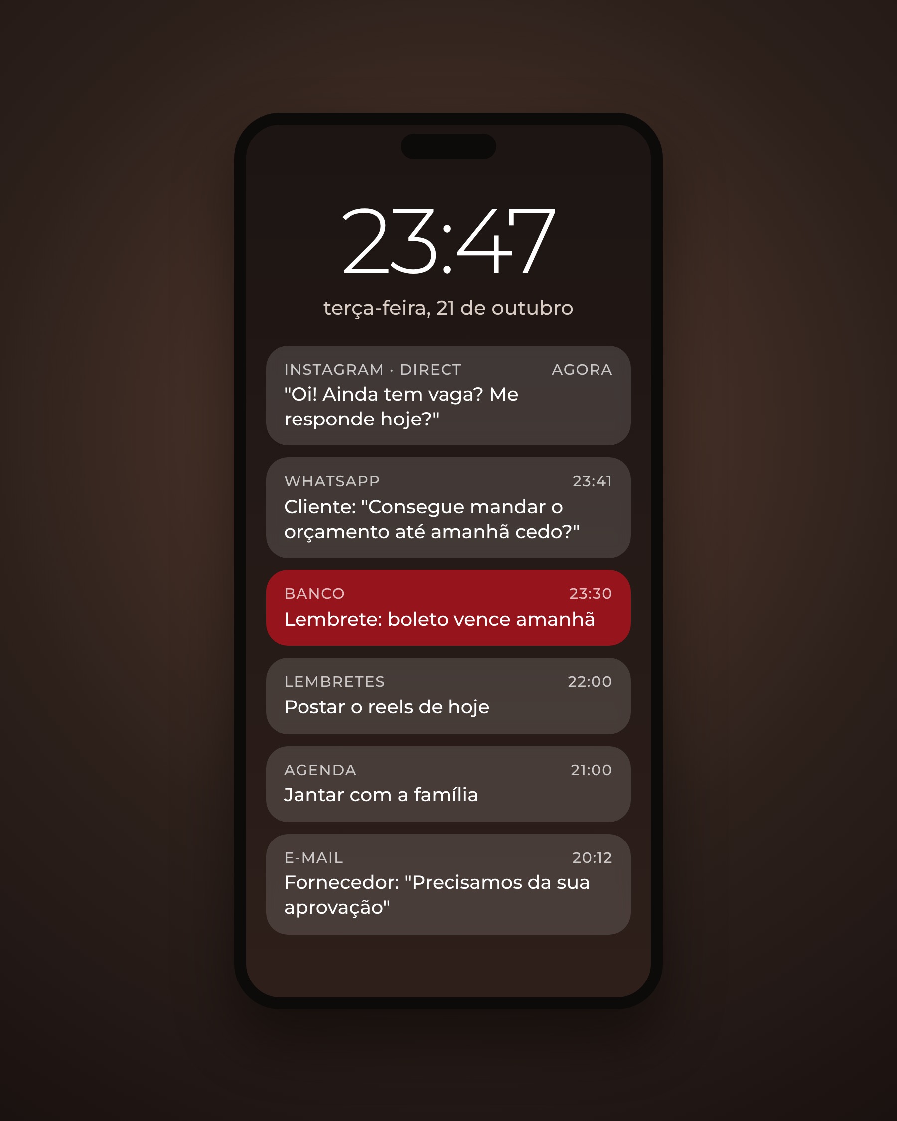 Celular às 23h47 cheio de notificações de trabalho