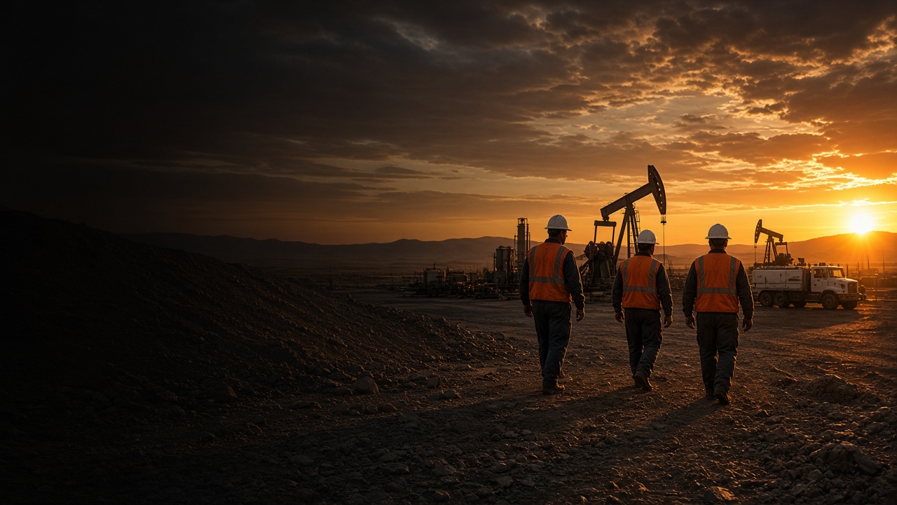 Crew walking a Wyoming job site at sunset