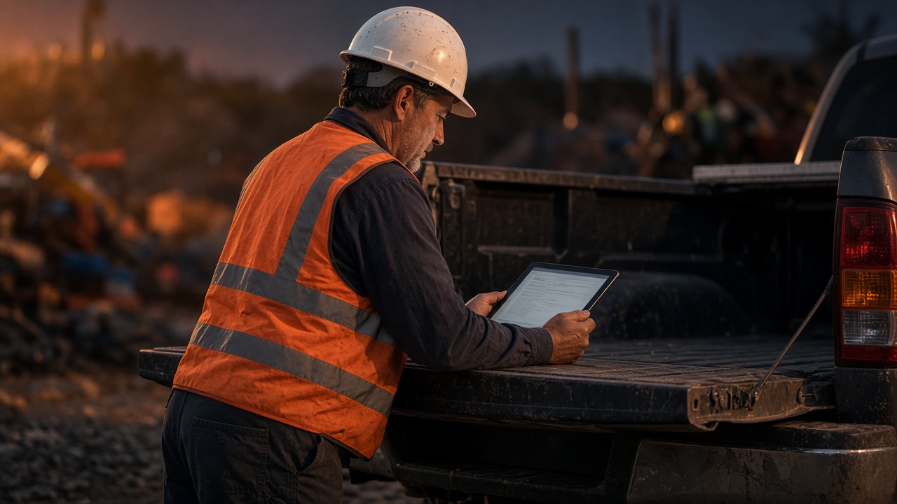 Contractor reviewing compliance paperwork on a tablet