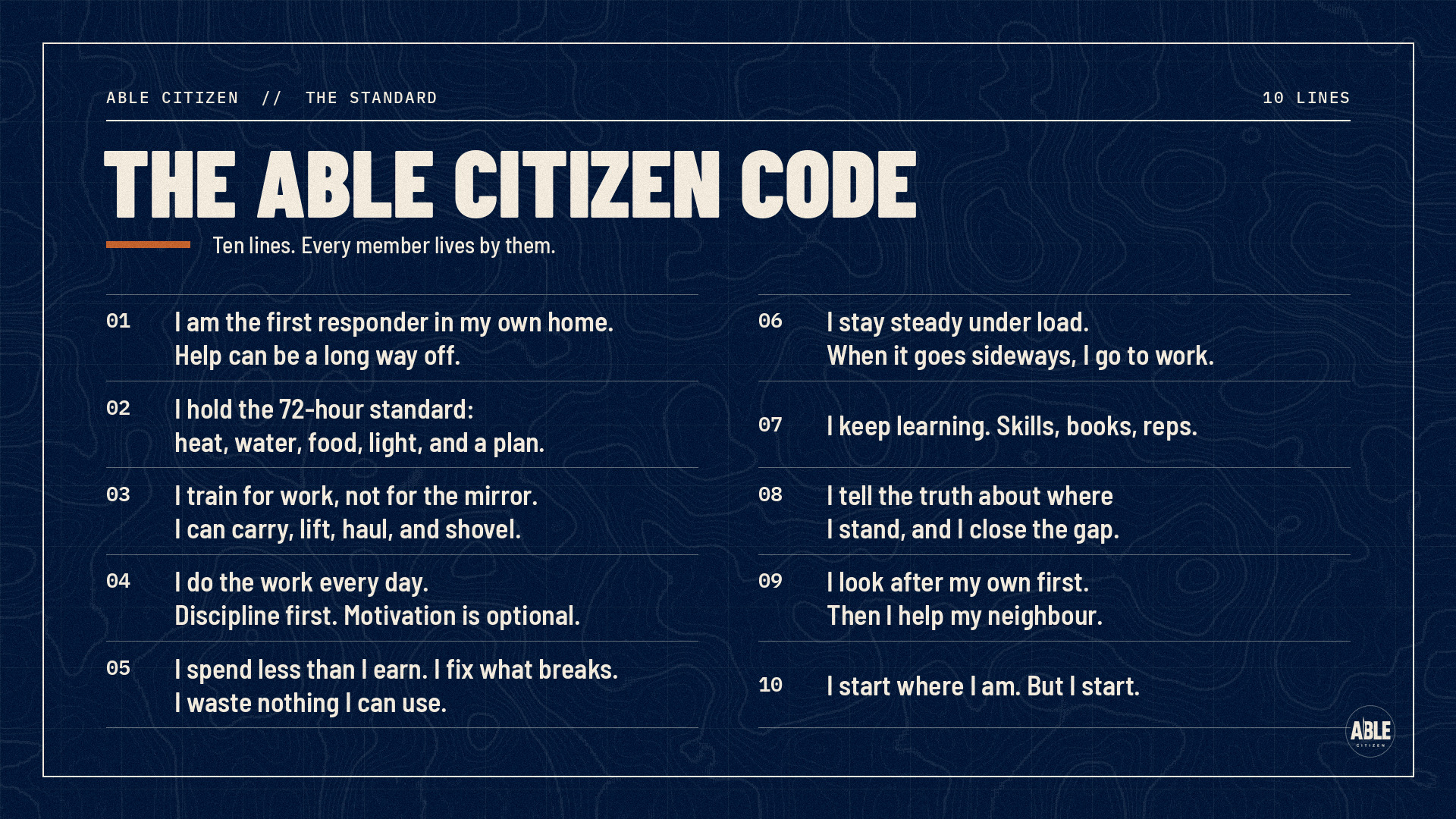 The Able Citizen Code printed as a numbered card on navy