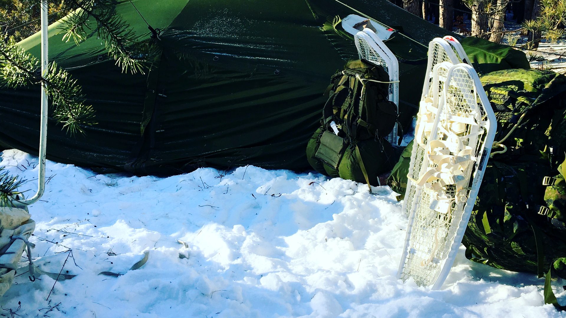 Snowshoes standing in the snow at a winter tent camp