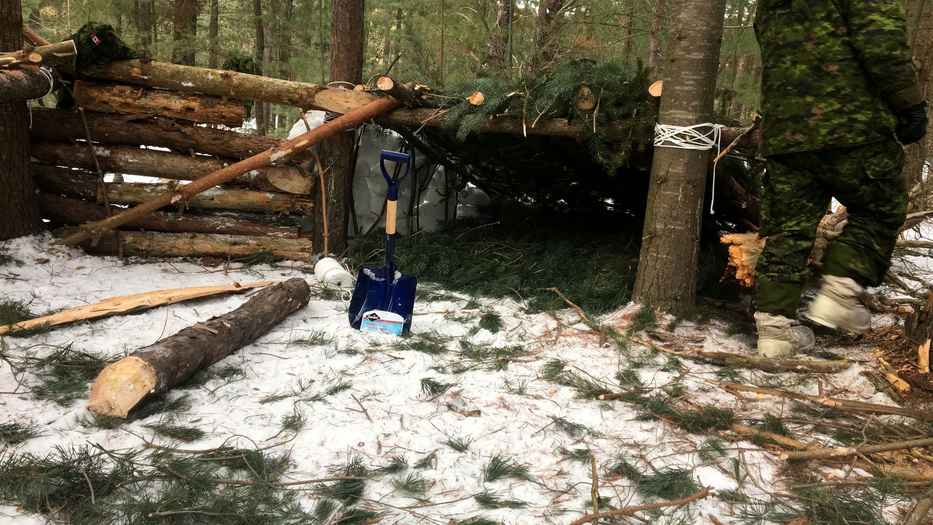 Crew building a winter shelter