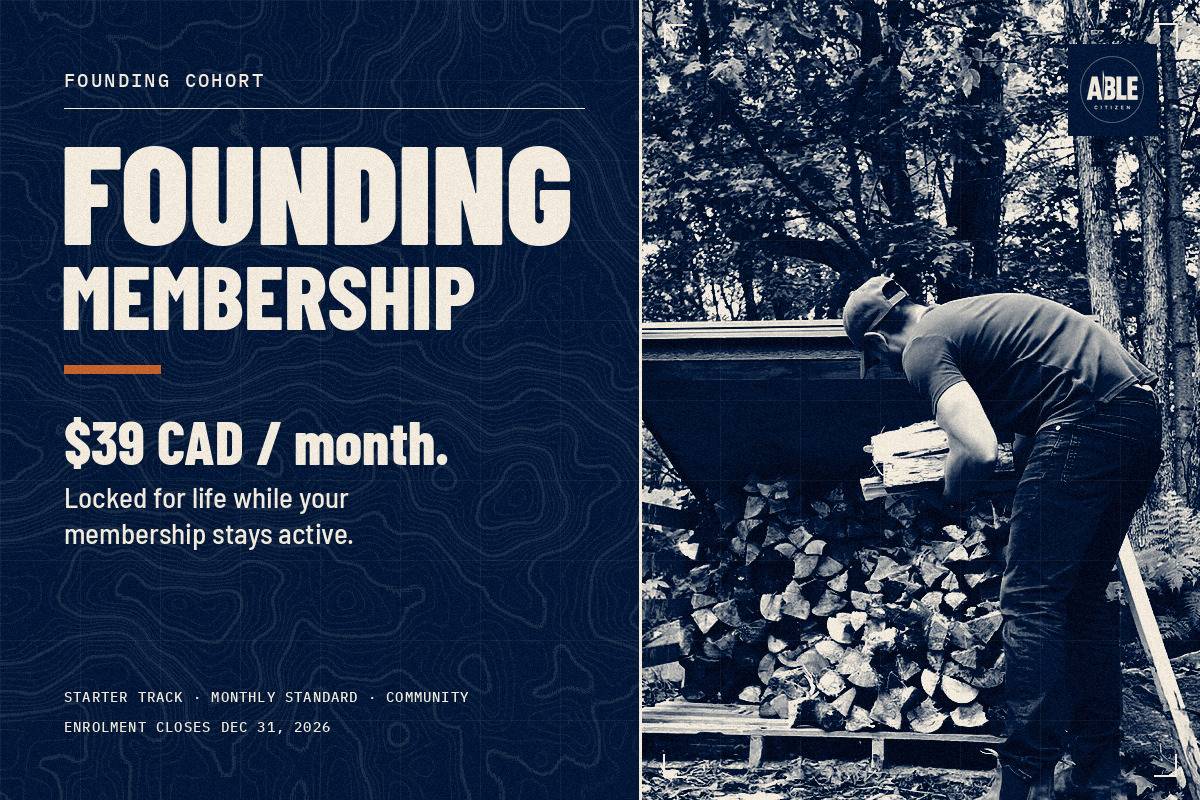 Founding Membership, $39 CAD a month: a man stacking split firewood on a winter property