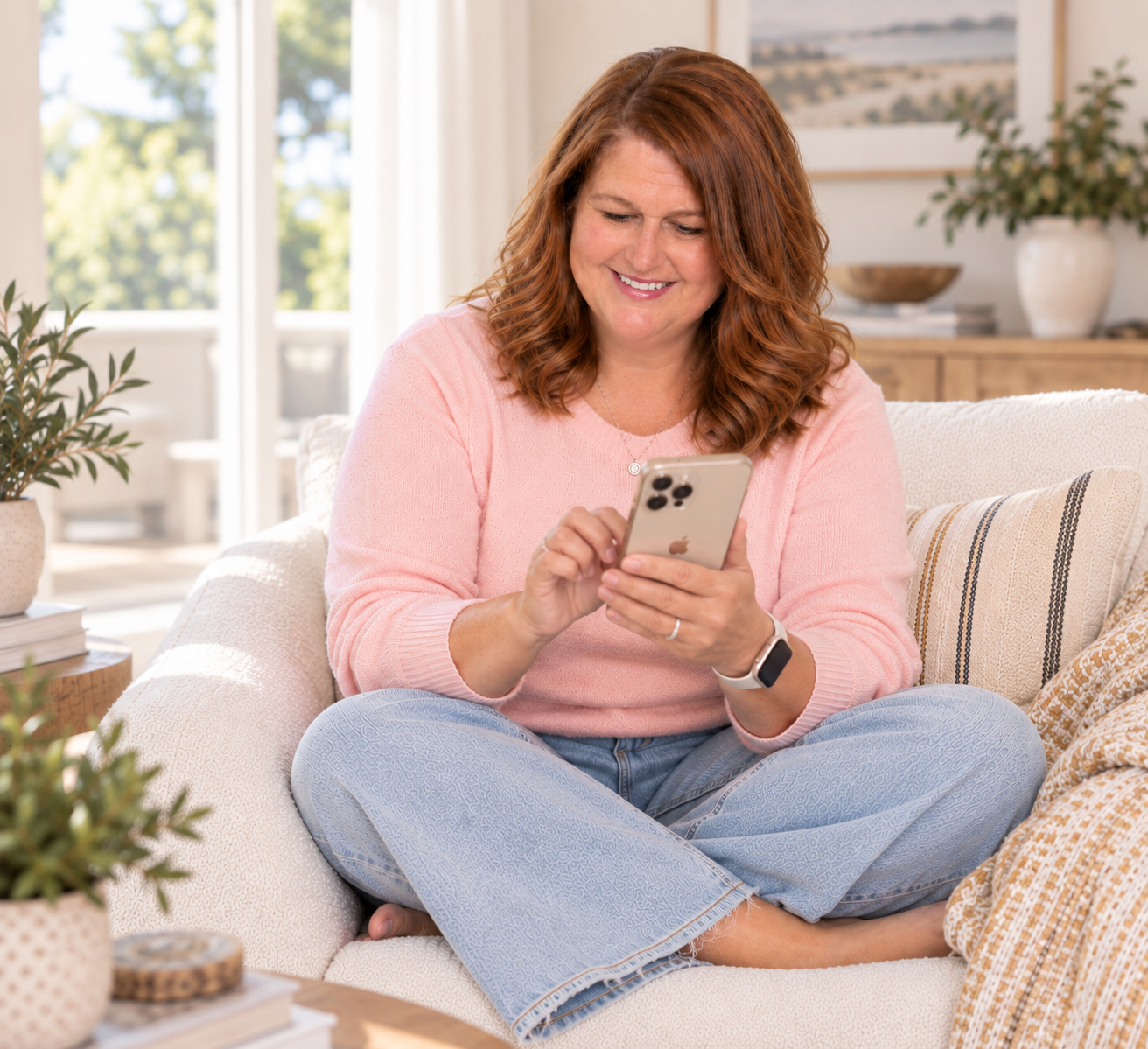 Barb sitting cross-legged on a sofa, smiling at her phone.