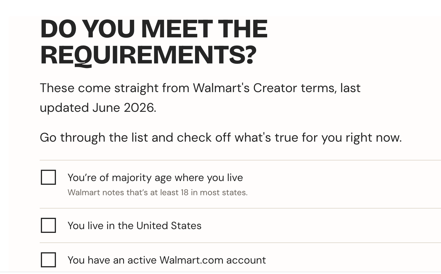 Screenshot from the class: an interactive checklist of Walmart Creator requirements.
