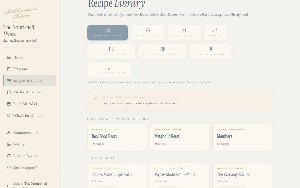 The recipe library inside The Nourished Home app