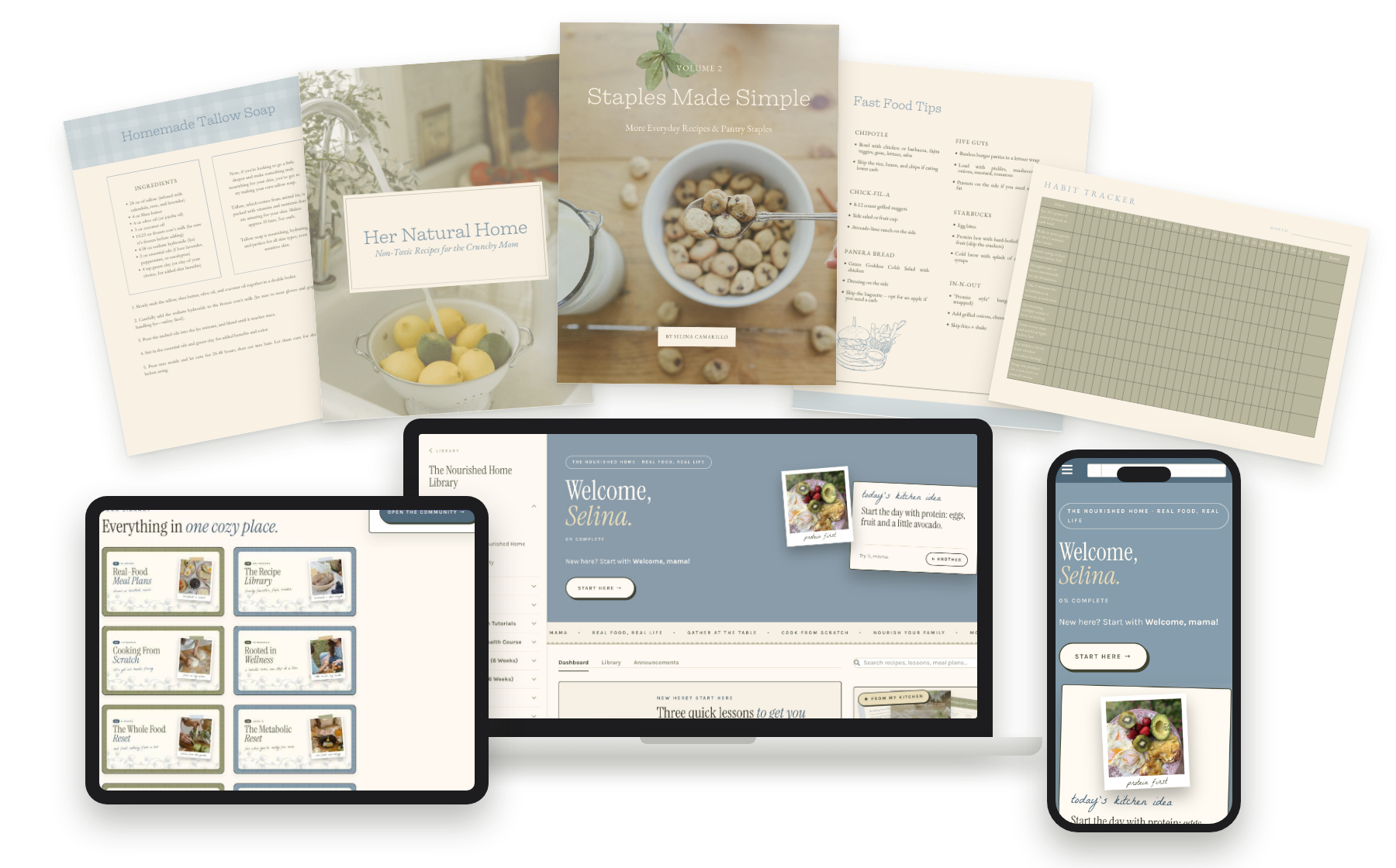 Inside The Nourished Home: the member library on laptop, tablet and phone, with ebooks and printables