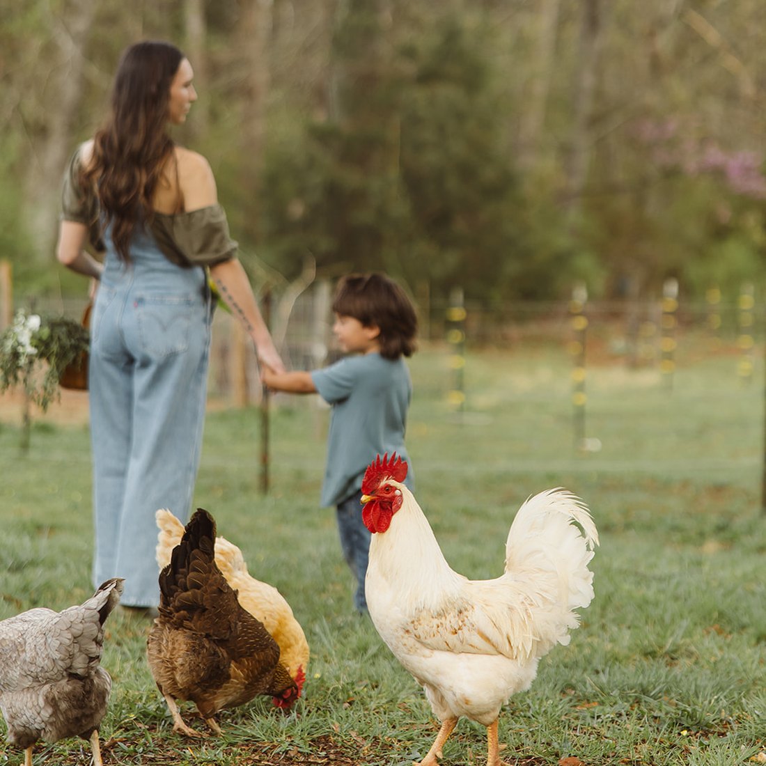 Selina and her son with their chickens