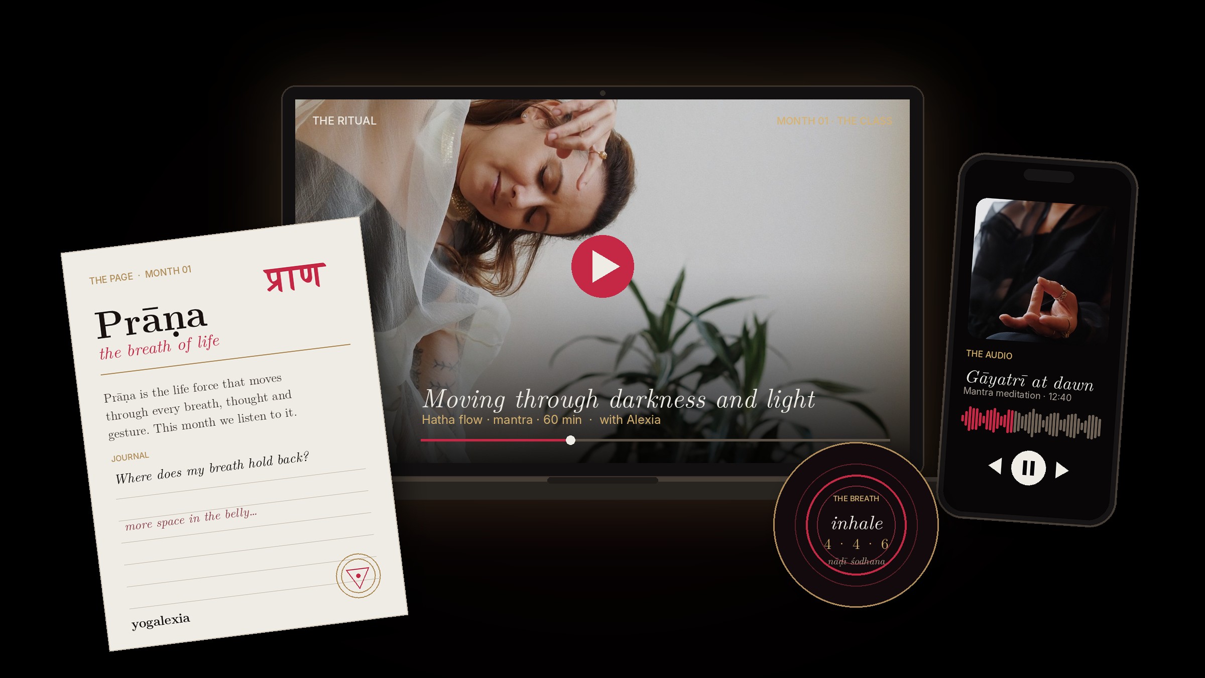 What you receive each month in THE RITUAL: a video class with Alexia, a printable page on Prāṇa, a mantra audio and a breath practice