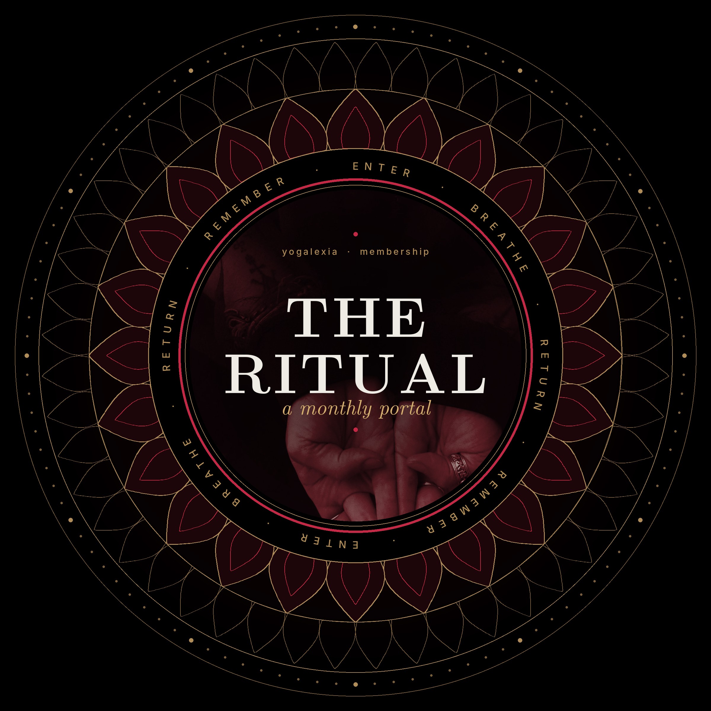 THE RITUAL, a monthly portal by yogalexia: a gold and red mandala with Alexia's hands in mudra at its centre