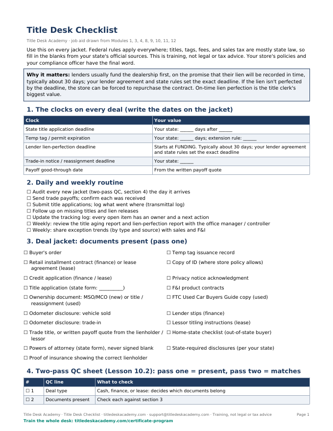 Preview of the Title Desk Checklist