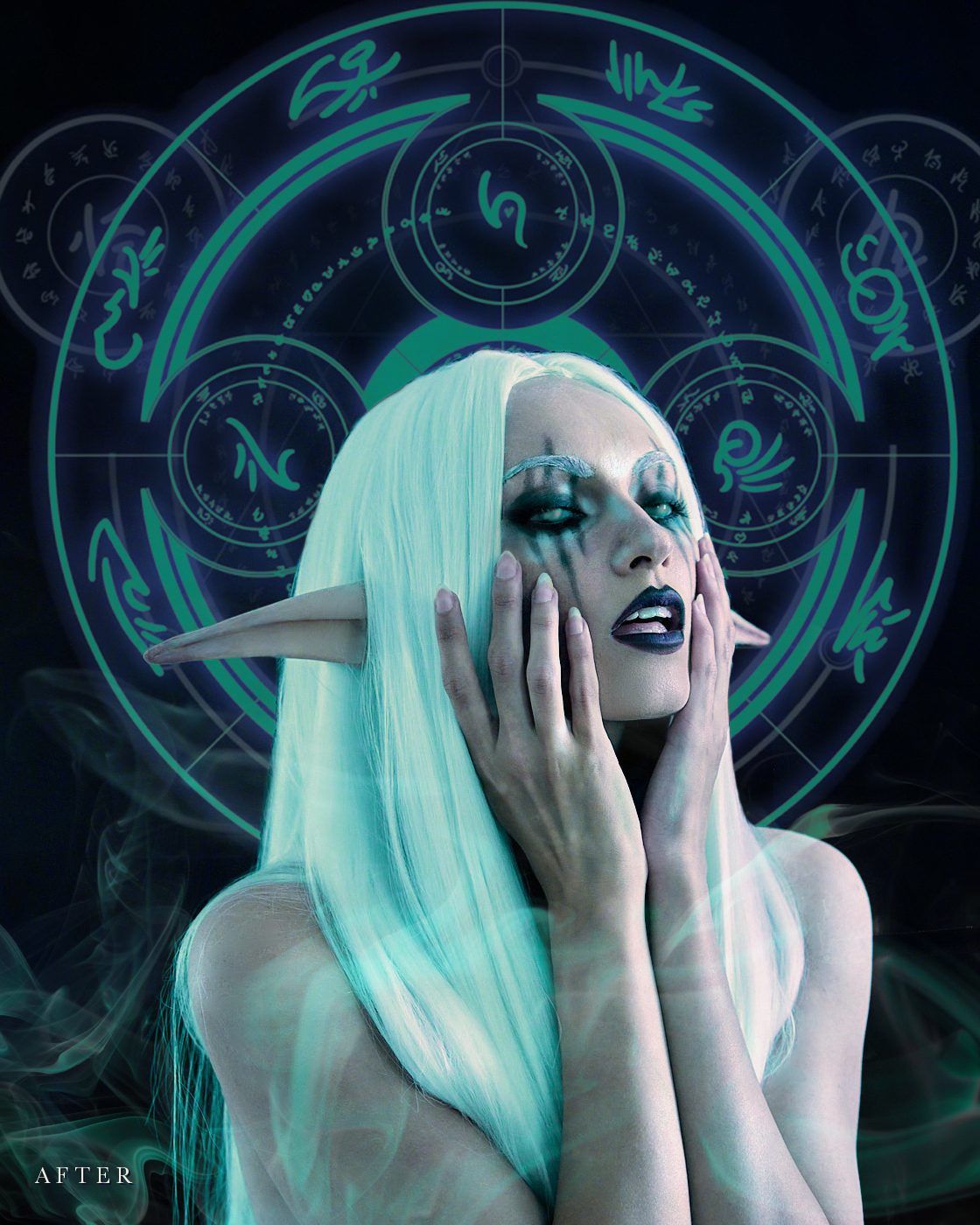 After: the same portrait with a glowing circle of symbols behind her, drifting teal smoke and one unified color grade.