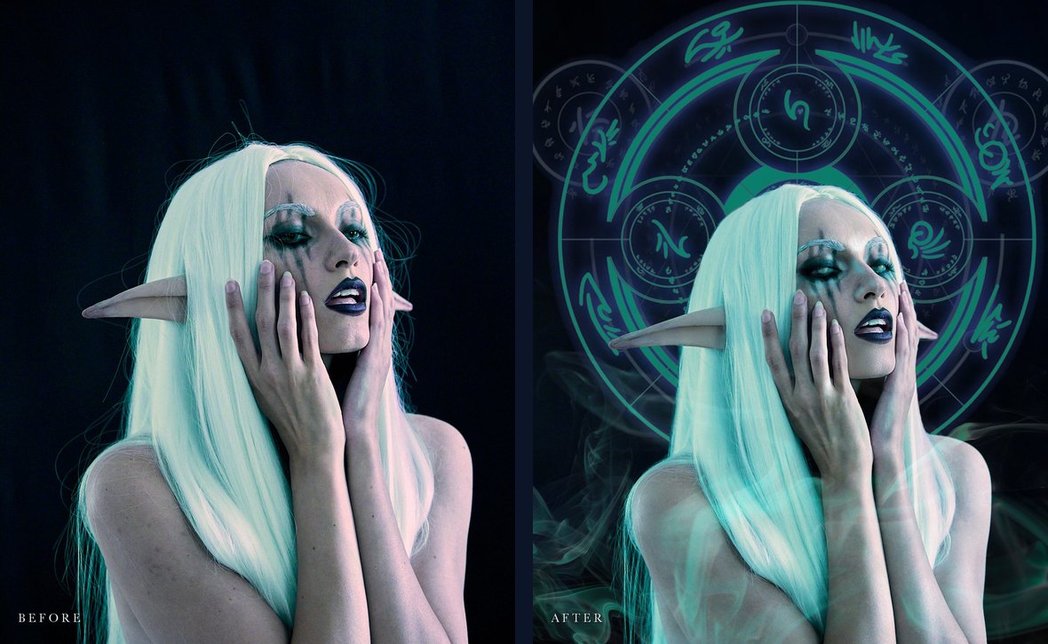 Before: Rocío's elf self-portrait straight from the camera, in front of a plain black backdrop. After: the same portrait with a glowing circle of symbols behind her, drifting teal smoke and one unified color grade.