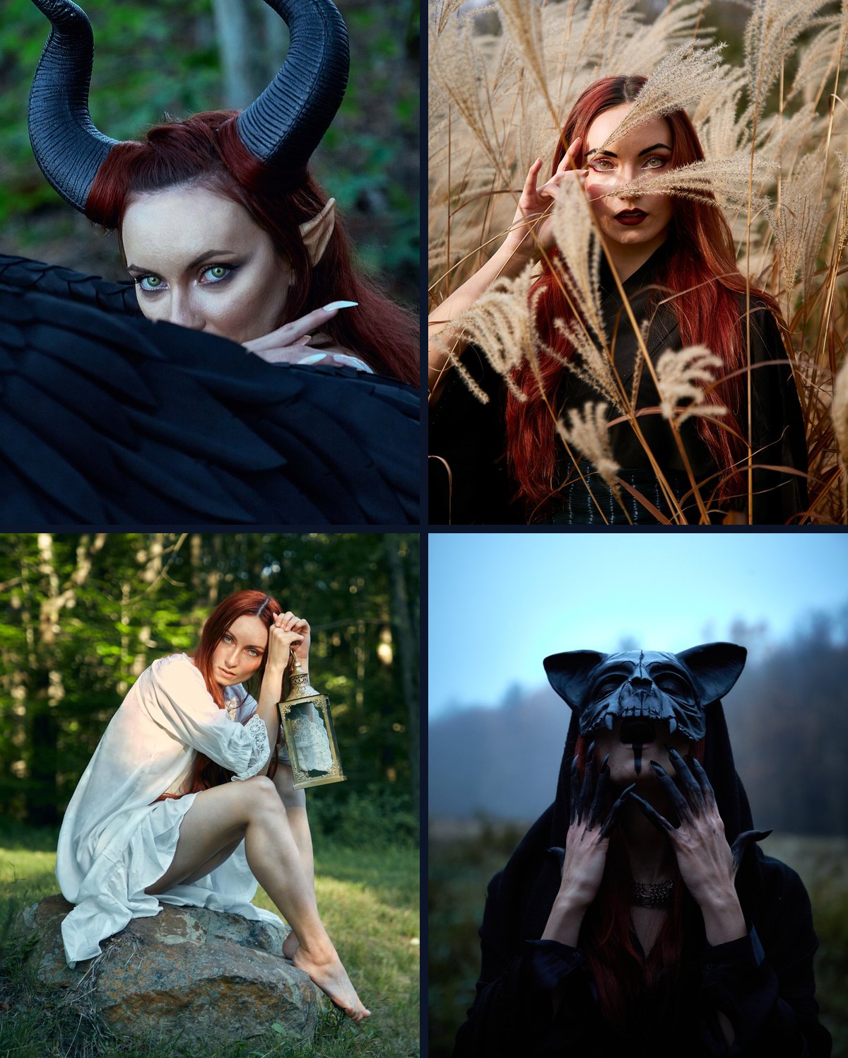Four more: a horned sorceress with green eyes looking out over a black feathered wing, Rocío among golden pampas grass, Rocío with a lantern on a mossy rock in a summer forest, and a hooded figure in a cat-skull mask at blue hour.
