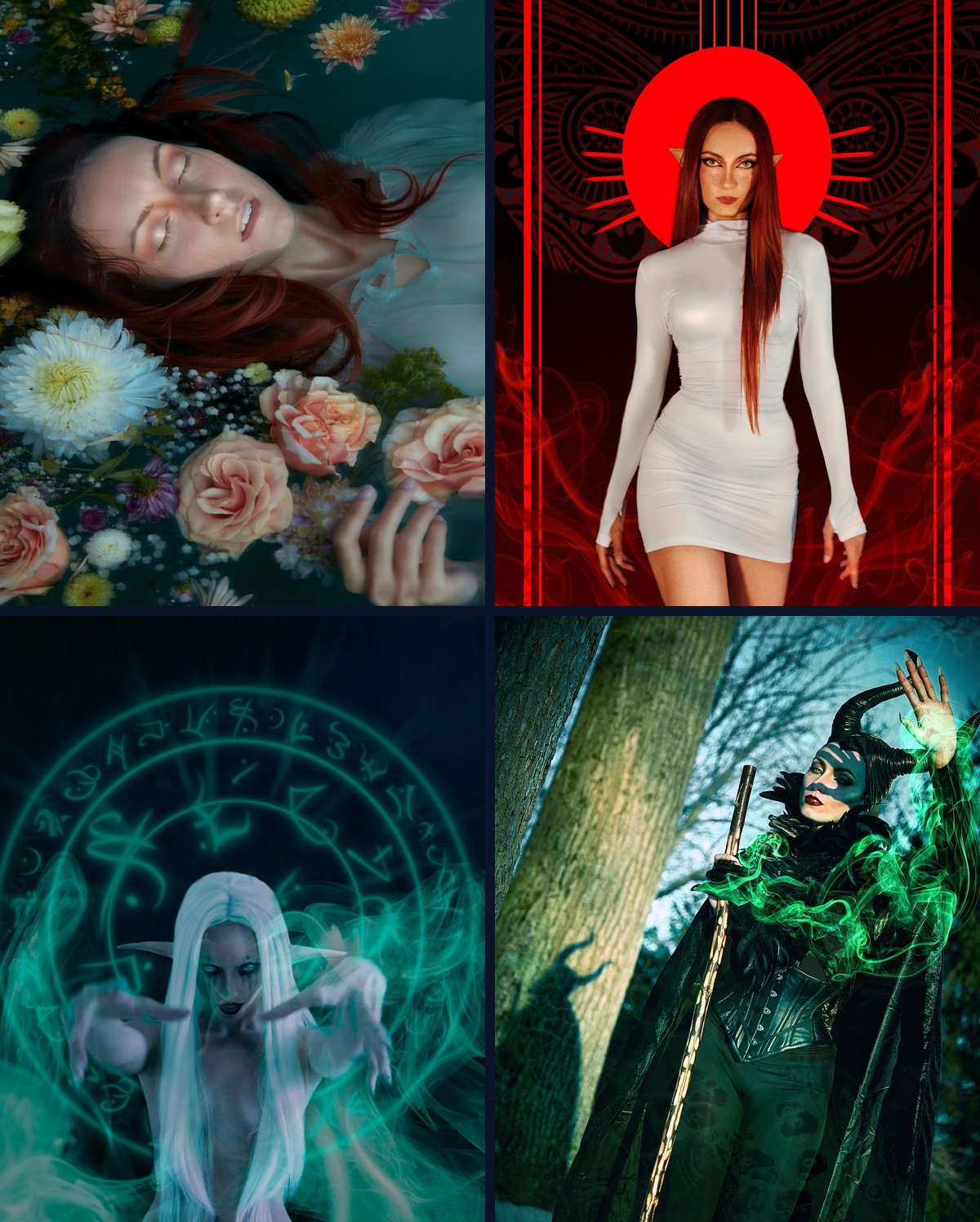 Four of Rocío's self-portraits: a lake spirit among flowers, an elf before a red sun halo, a night elf casting in a glowing circle and teal smoke, and a horned sorceress casting green magic in a winter wood.