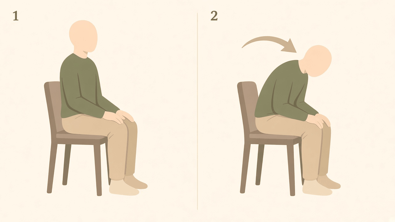Gentle forward curve: 1, sitting upright with hands on knees; 2, the upper back softly rounded and the chin tucked towards the chest.
