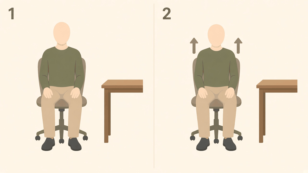 Shoulder lift on an office chair: 1, shoulders relaxed; 2, both shoulders lifted up towards the ears.