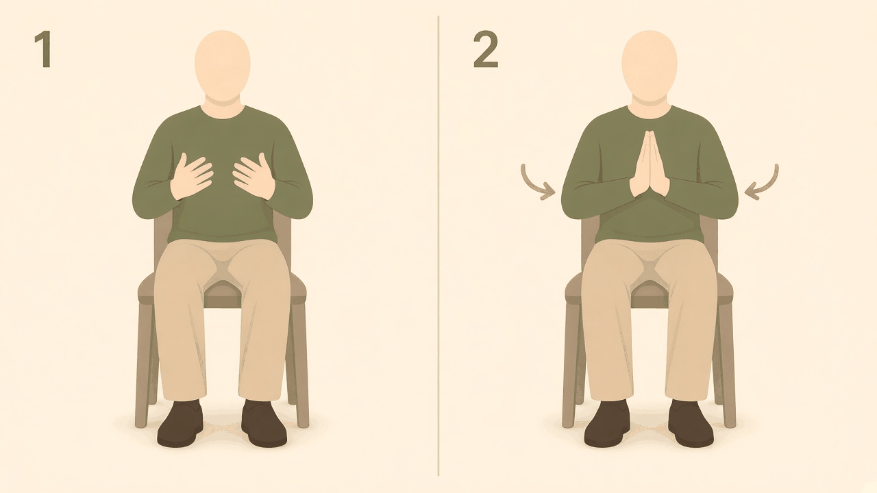 Seated palm press: 1, hands apart in front of the chest; 2, palms pressed firmly together.