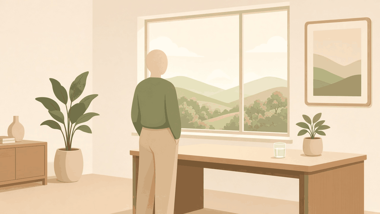 An eye break: standing by a desk, looking out of a window at trees and hills far away.