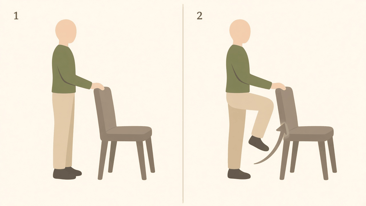 Slow knee lifts holding a chair: 1, standing tall; 2, one knee lifted gently up in front.
