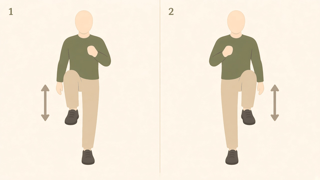 March on the spot: 1, one knee up with the opposite arm swinging; 2, the other knee up and the other arm swinging.