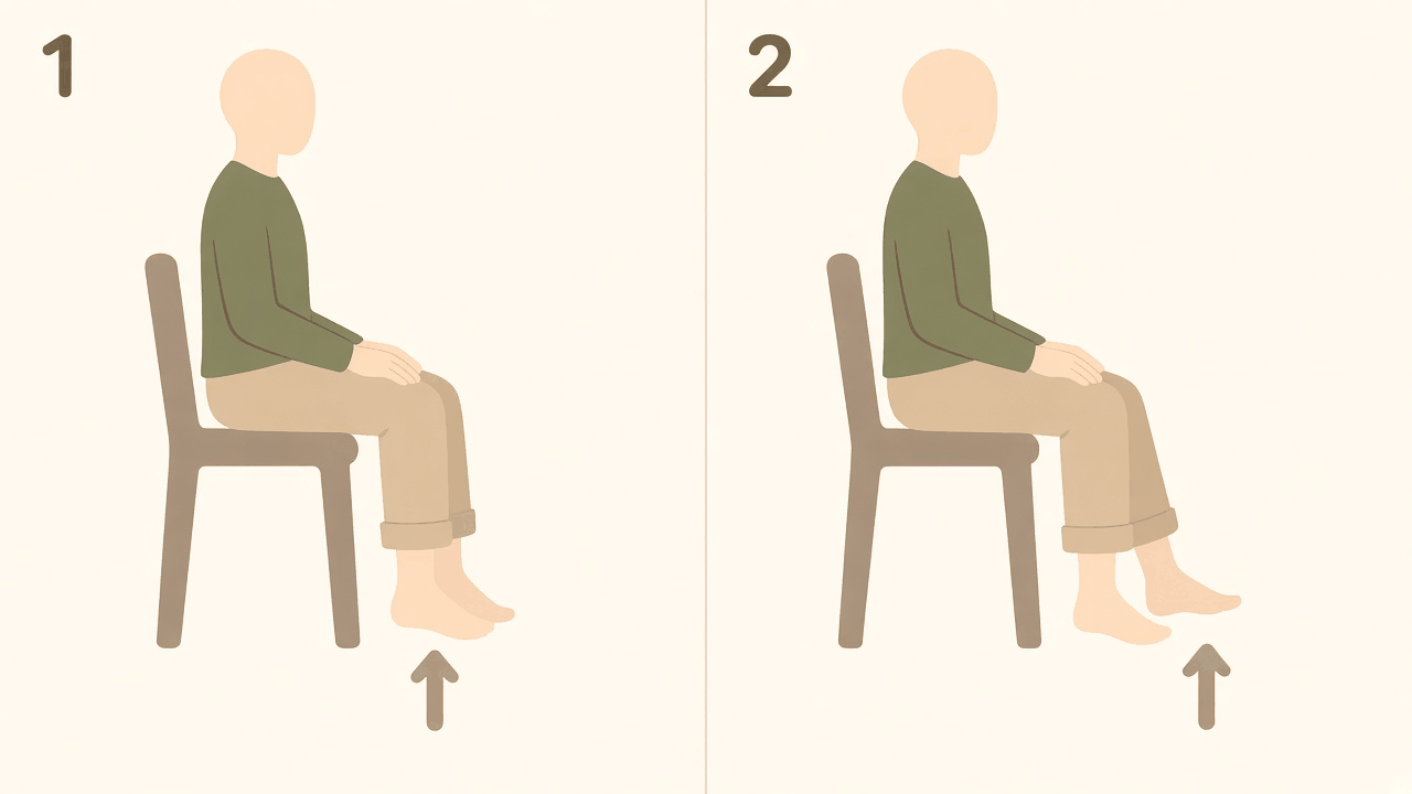 Seated heel and toe lifts: 1, sitting tall with the heels lifted; 2, the toes lifted with the heels on the floor.