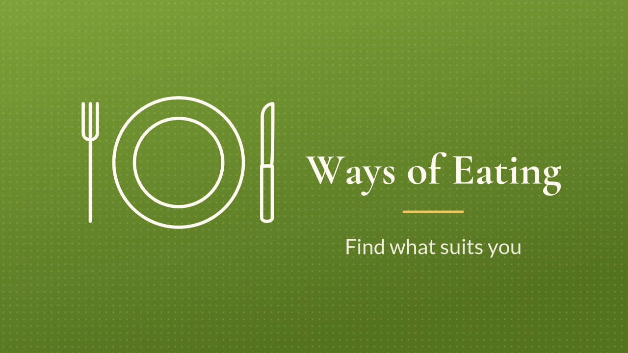 Illustration of plates for different ways of eating: steak, salmon and greens, eggs, roast veg and lamb, broth
