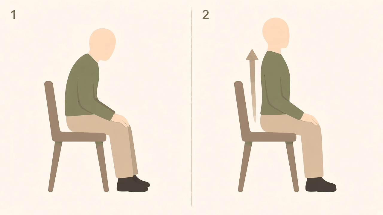 Tall sitting: 1, slumped in the chair; 2, sitting up tall with a long, straight back.