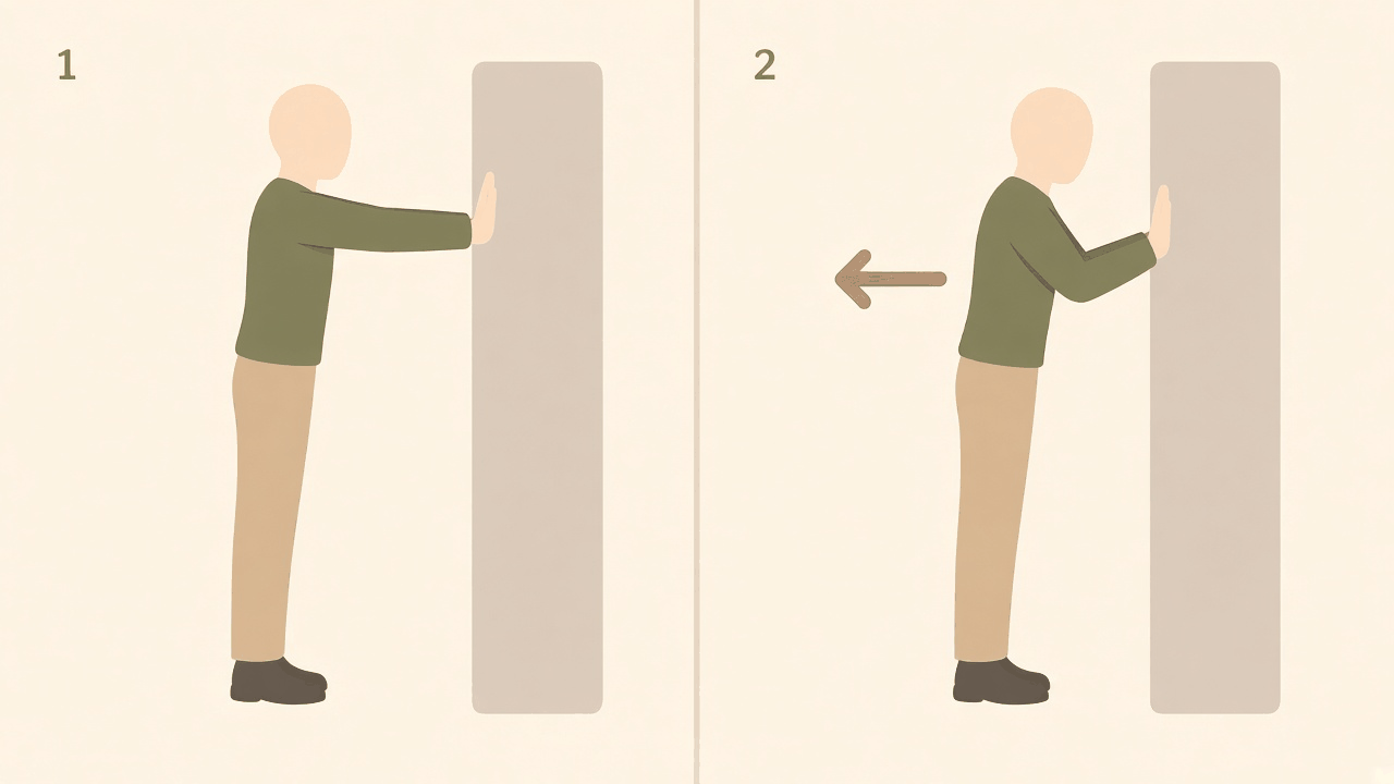 Wall press: 1, hands on the wall at shoulder height, arms straight; 2, elbows bent, leaning in towards the wall.