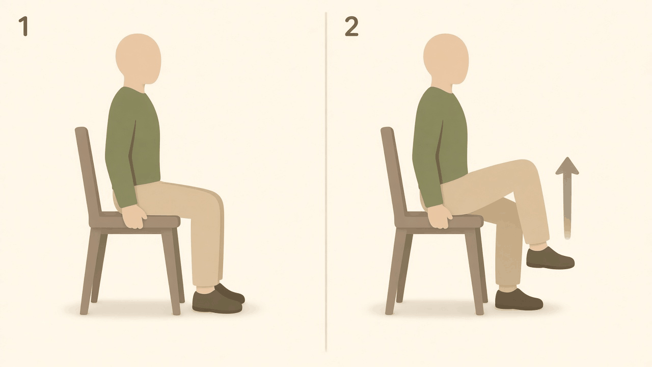 Seated knee lift: 1, sitting tall with both feet on the floor; 2, one knee lifted up towards the chest, foot off the floor.