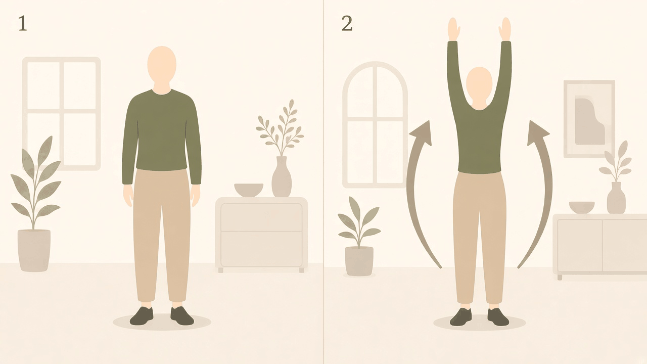 Reach up tall: 1, standing with arms by the sides; 2, both arms stretched up high overhead.