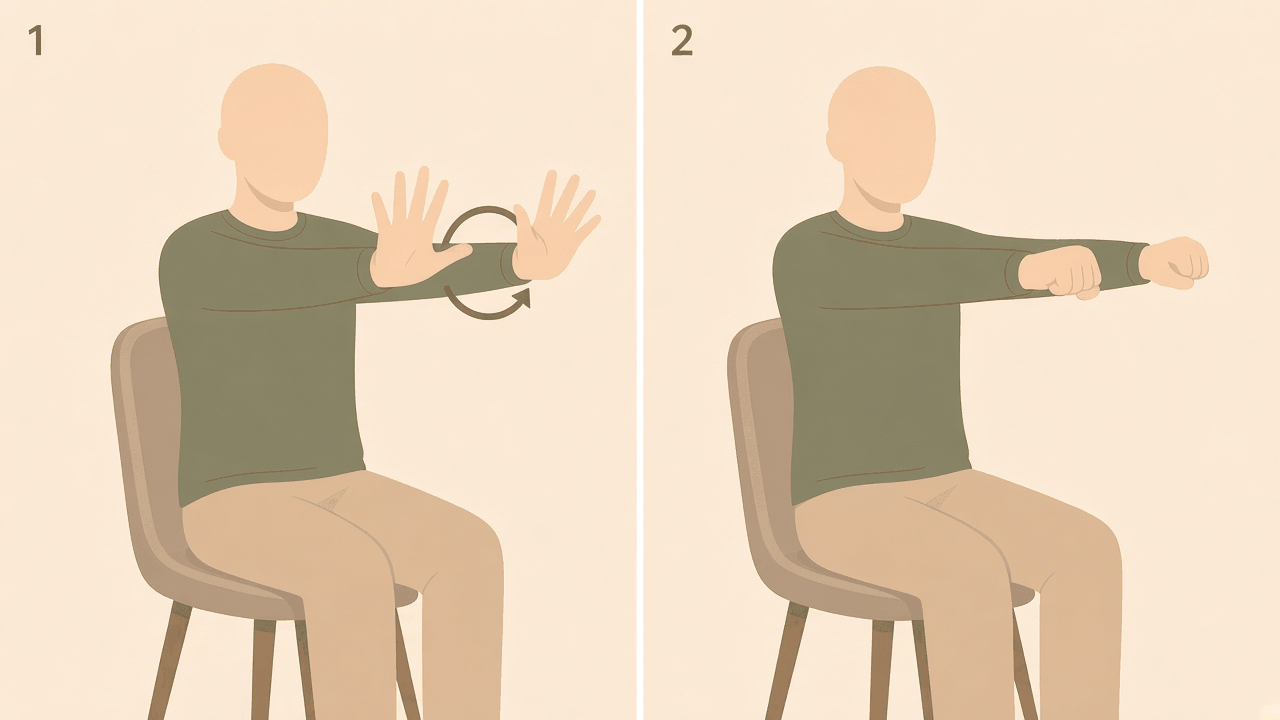 Wrists and hands: 1, arms out in front with fingers spread wide, arrow circling the wrist; 2, hands making a soft fist.