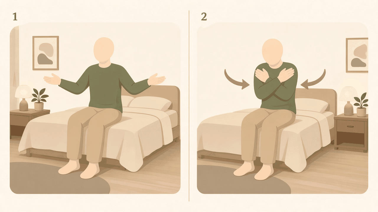 Shoulder hug: 1, sitting on the edge of a bed with arms open; 2, arms wrapped around the shoulders in a hug.