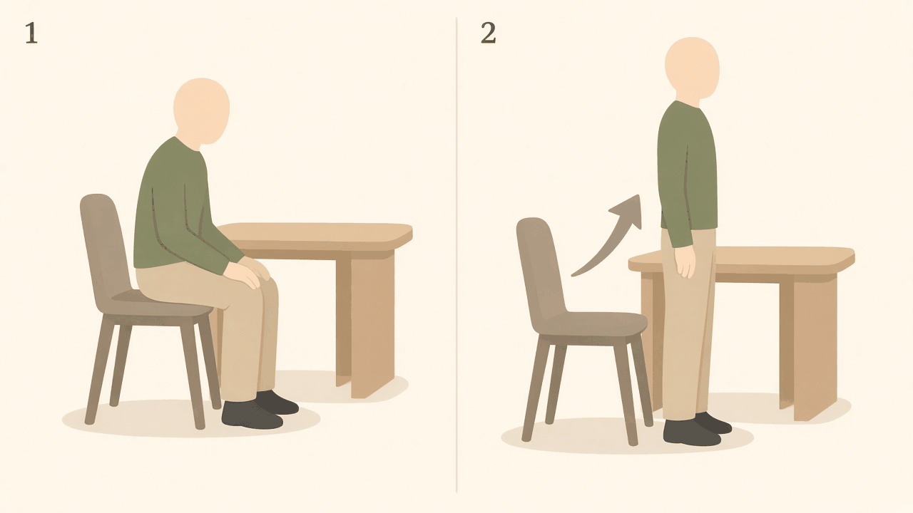 Chair stand: 1, sitting near the front of the chair, leaning a little forward; 2, standing up tall in front of the chair.