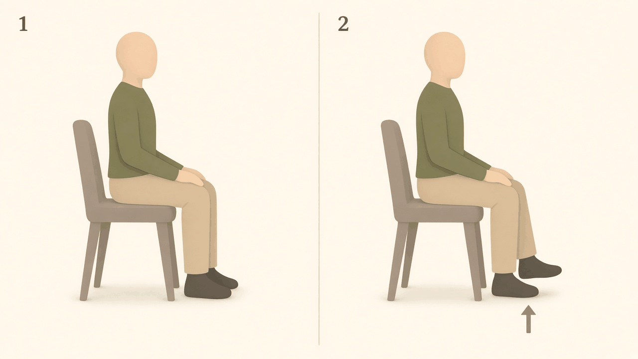 Seated foot lift: 1, sitting tall with both feet on the floor; 2, one foot lifted a little off the floor.