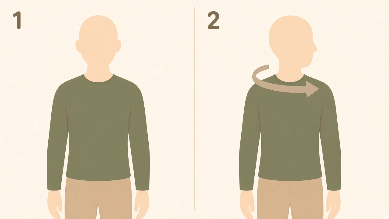 Look over your shoulder, seen from the front: 1, head and shoulders facing forward; 2, head and upper body turned to look over one shoulder.