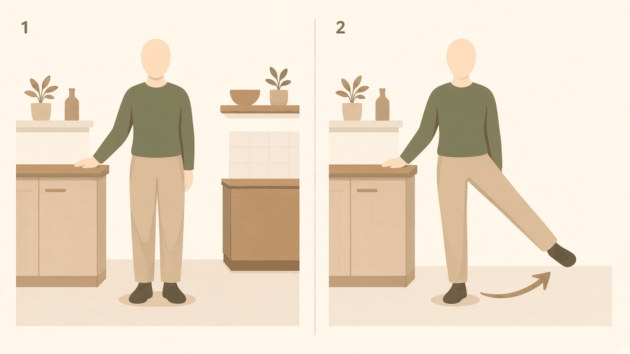 Leg to the side, holding the kitchen bench: 1, standing on both feet; 2, one leg lifted out to the side.