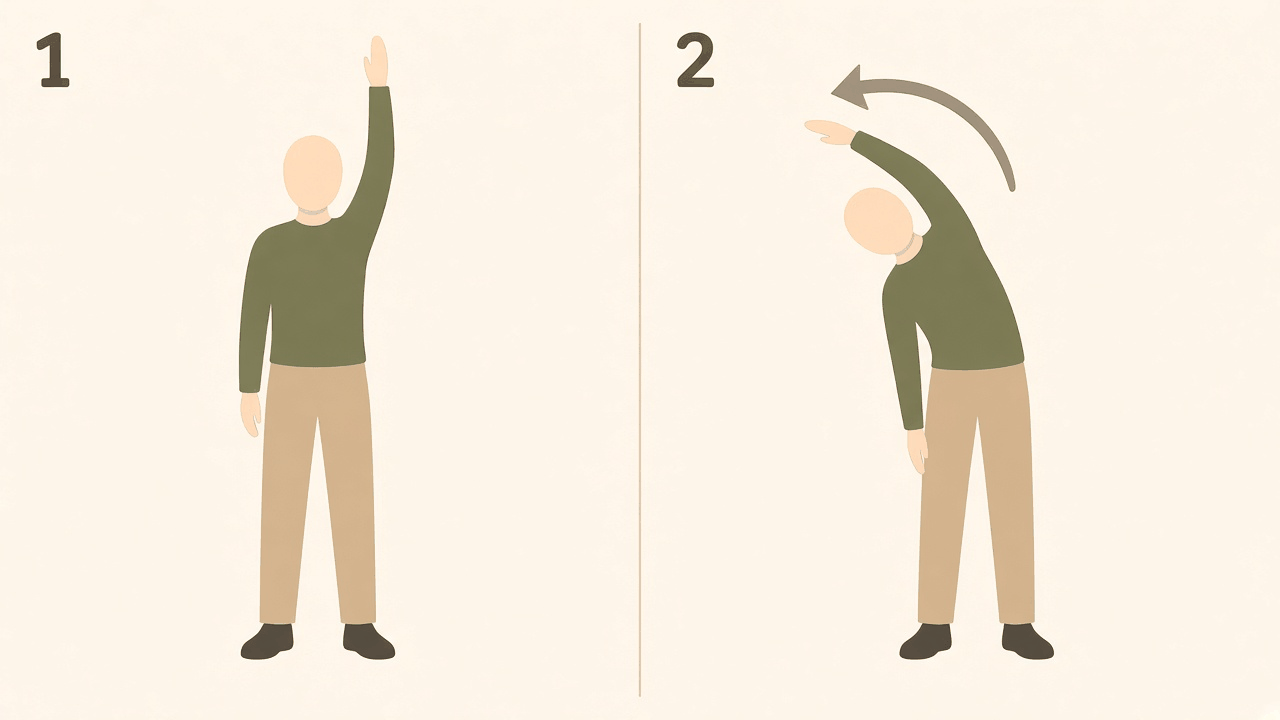 Side lean: 1, standing with one arm up; 2, leaning gently to the other side with the arm arching over the head.