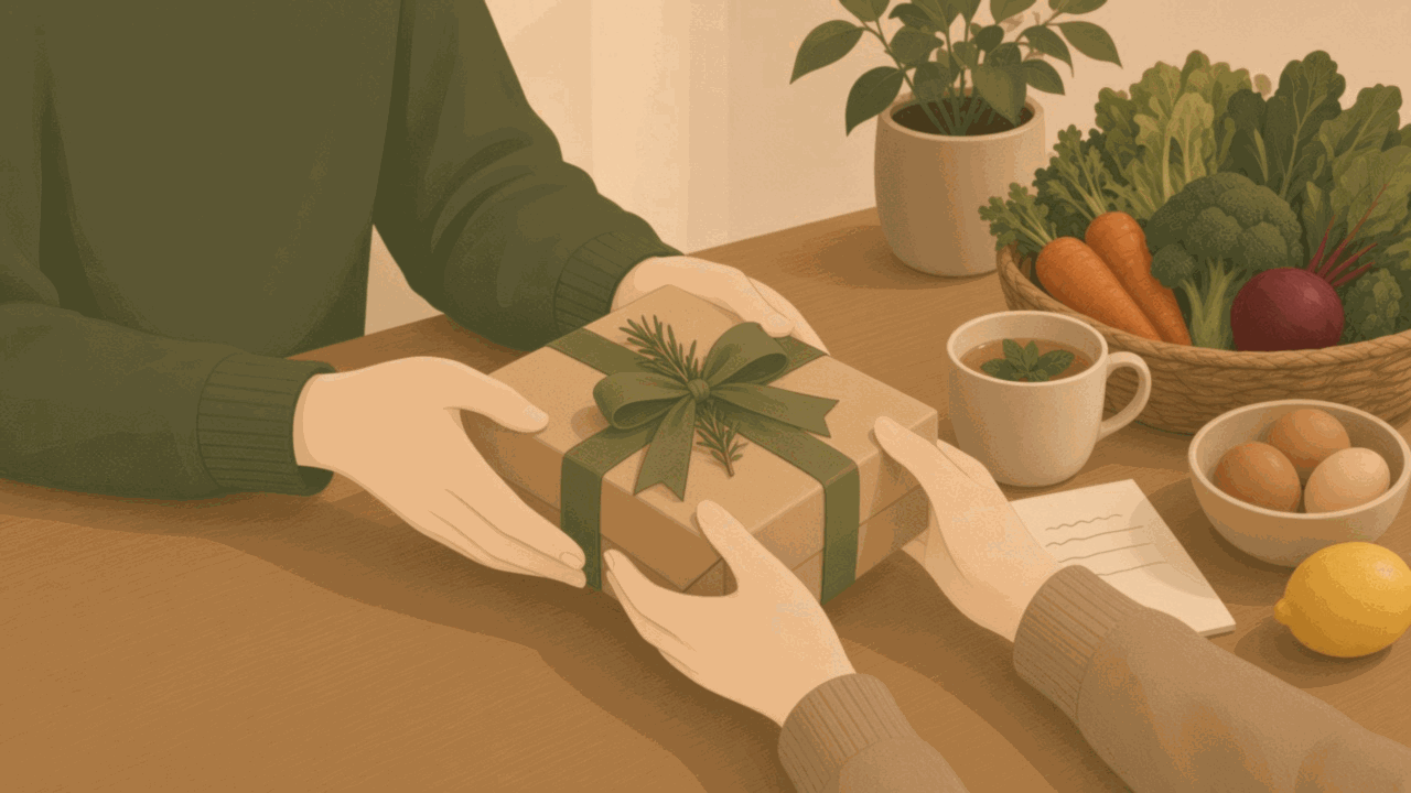 Two pairs of hands passing a wrapped gift beside a basket of fresh vegetables