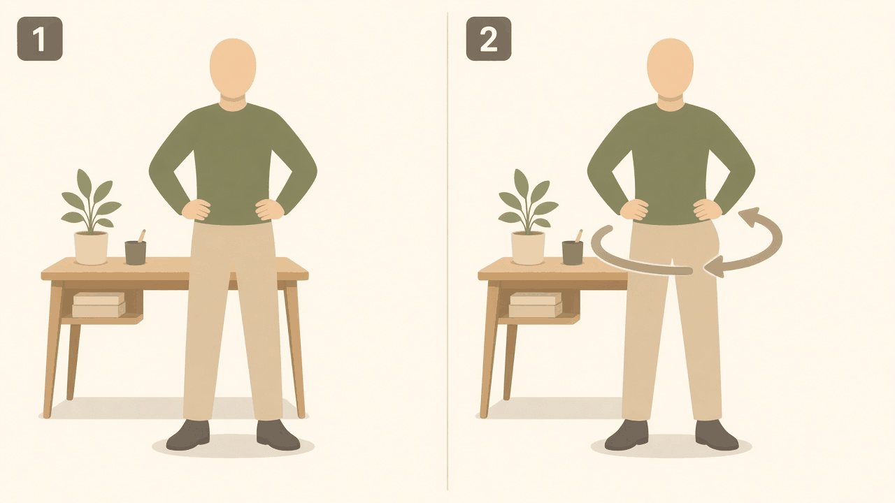 Hip circles beside a desk: 1, standing tall with hands on hips; 2, hips circling out to one side.
