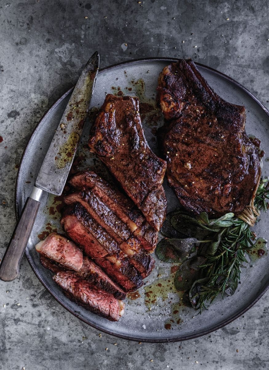 Reverse-seared rib-eye steaks