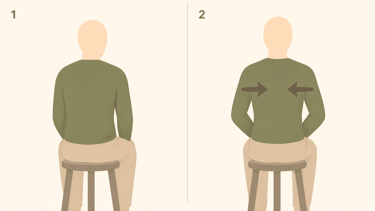 Shoulder blade squeeze, seen from behind: 1, upper back relaxed; 2, shoulder blades squeezed together, elbows drawn back.