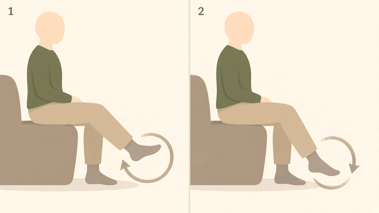 Ankle circles: 1, sitting with one foot lifted, arrow circling the ankle; 2, the foot pointed as it circles round.