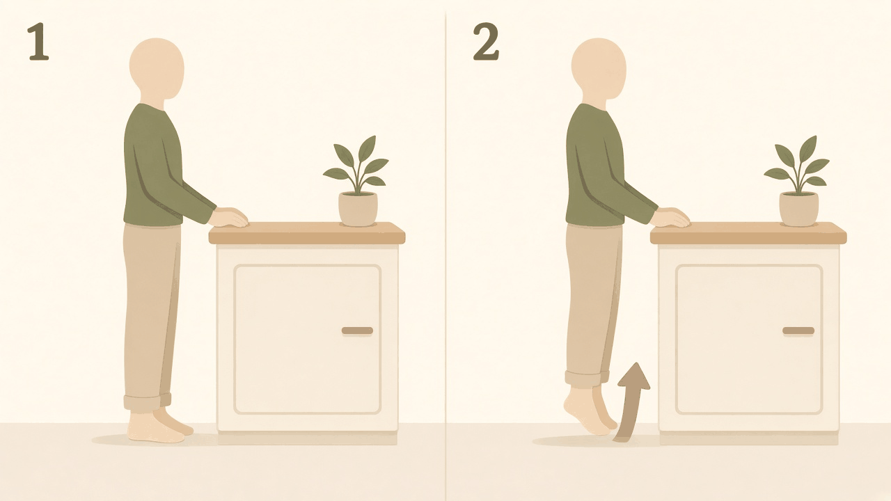 Tip-toes at the kitchen bench: 1, standing with feet flat; 2, risen up onto the toes with heels lifted.