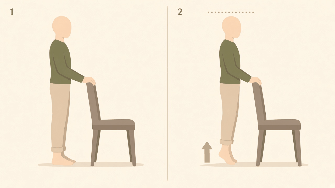Calf raise holding a chair: 1, standing tall with heels down; 2, up on the toes with heels lifted.